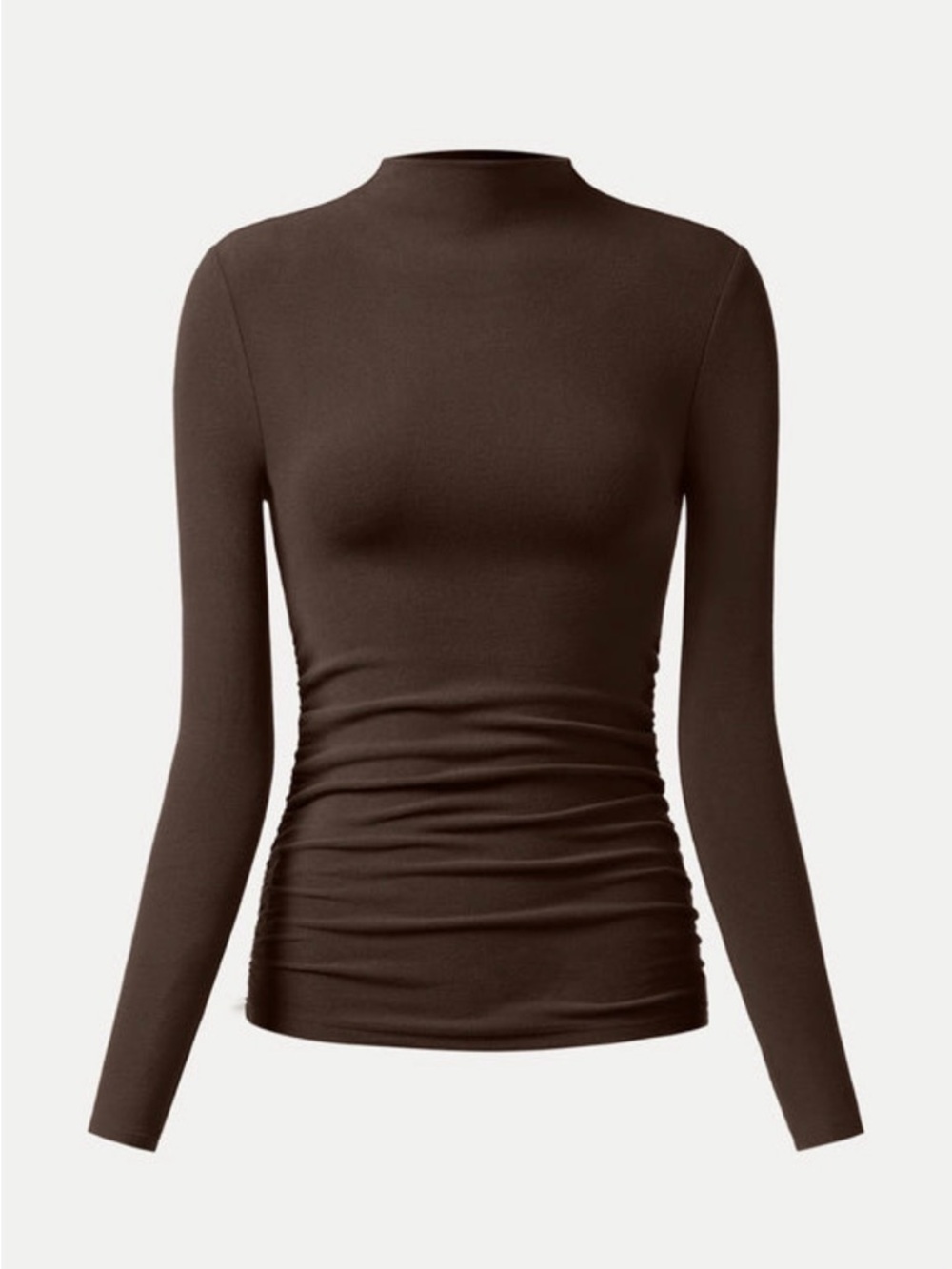 OGL Chocolate Brown Eco- Mousse Long-Sleeve Ruched Mock Neck Top